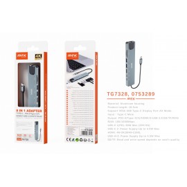 Hub aluminio 8 in 1, 2USB+2Type-C+TF+SD+HDMI+RJ45, 60W