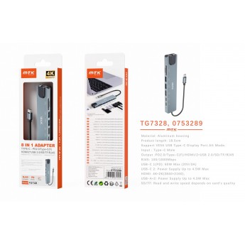 Hub aluminio 8 in 1, 2USB+2Type-C+TF+SD+HDMI+RJ45, 60W