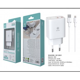 CARGADOR CON SMART IC Y CABLE LIGHTNING 2 PUERTOS USB-A 2.4A