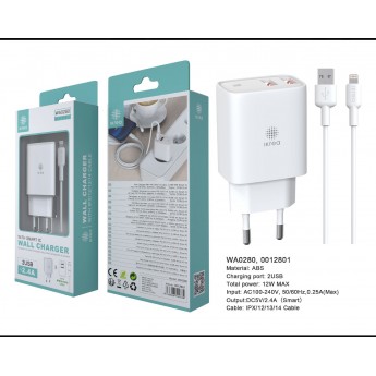 CARGADOR CON SMART IC Y CABLE LIGHTNING 2 PUERTOS USB-A 2.4A