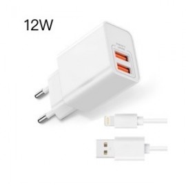 Cargador 2 usb con cable Lightning, 12W, 12uni/paq