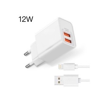 Cargador 2 usb con cable Lightning, 12W, 12uni/paq