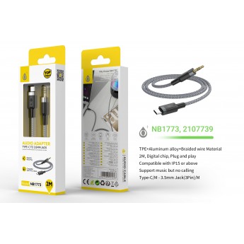 Cable de audio aluminio trenzado Type-C a Audio 3.5mm(3Pin No soporta llamada), 2m