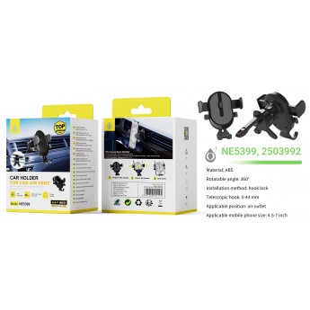Soporte Universal Airvent de coche para movil 4.5-7”,retractil 0-44MM 360 Grados