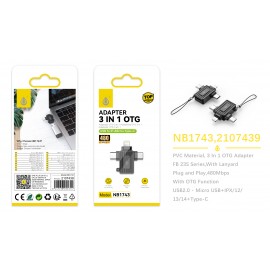 Adaptador OTG con Correa 3 en 1, USB 2.0 a Micro USB+Type-C+Lightning , 480Mbps