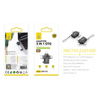 Adaptador OTG con Correa 3 en 1, USB 2.0 a Micro USB+Type-C+Lightning , 480Mbps