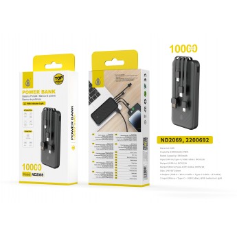 10000mAh/37wh Powerbank con 3 entrada(Micro/Type-C/cable USB) 4 salida(Cable Micro/Iphone/Type-C/USB-A)