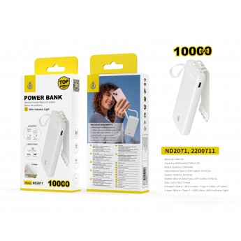 10000mAh/37wh Powerbank con 3 entrada(Micro/Type-C/cable USB) 4 salida(Cable Micro/Iphone/Type-C/USB-A)