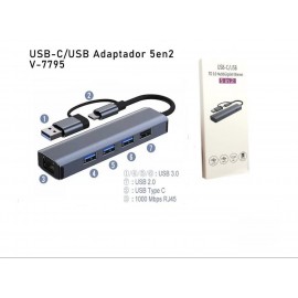 Adaptador 5 en 2, con cable USB y Type-C, 3 USB 3.0+ 1USB 2.0+ 1 rj45 1000Mbps