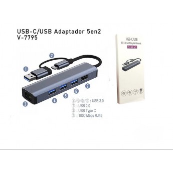 Adaptador 5 en 2, con cable USB y Type-C, 3 USB 3.0+ 1USB 2.0+ 1 rj45 1000Mbps