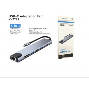 Adaptador con cable Type-C, 8 en 1, RJ45+SD+TF+USB 2.0+HDMI+USB 3.0+carga PD+ transmisor PD