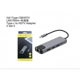 Adaptador 5 en 1 con cable Type-C a HDTV, lan 100M 4K,