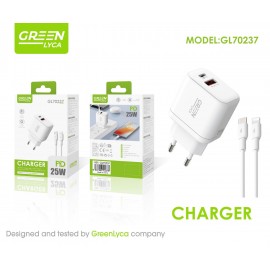 Cargador con puerto USB+Type-C, 25W, PD, con cable Type-C a Lightning