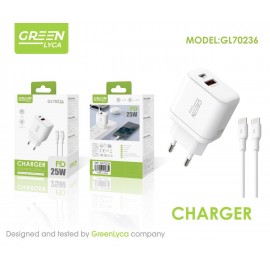 Cargador con puerto USB+Type-C, 25W, PD, con cable Type-C a Type-C