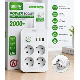Enchufe universal 2000W, 4xsockets+2 USB+1 Type-C , 2M