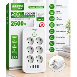 Enchufe universal 2500W, 6 x sockets +3 USB + 1 Type-C, cale 2M