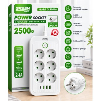 Enchufe universal 2500W, 6 x sockets +3 USB + 1 Type-C, cale 2M